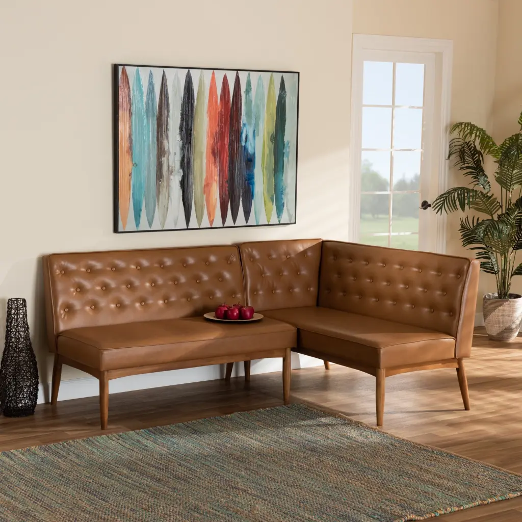 Baxton Studio Riordan Mid-Century Modern Tan Faux Leather Dining Nook Banquette Set