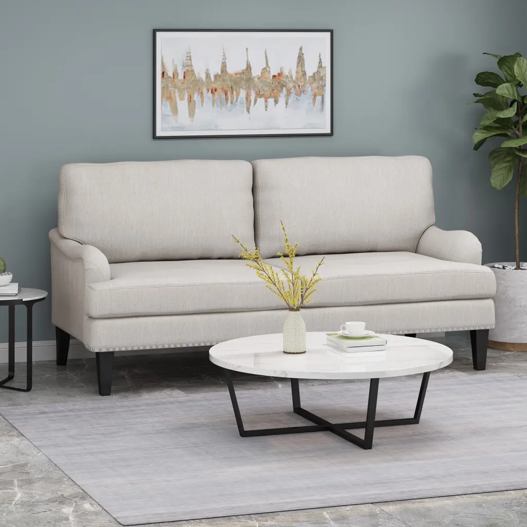 Modern Linen Fabric 2-Seater Sofa High Backrest and Black Wood Legs Comfortable Contemporary Couch Living Room HOMXIAOWO