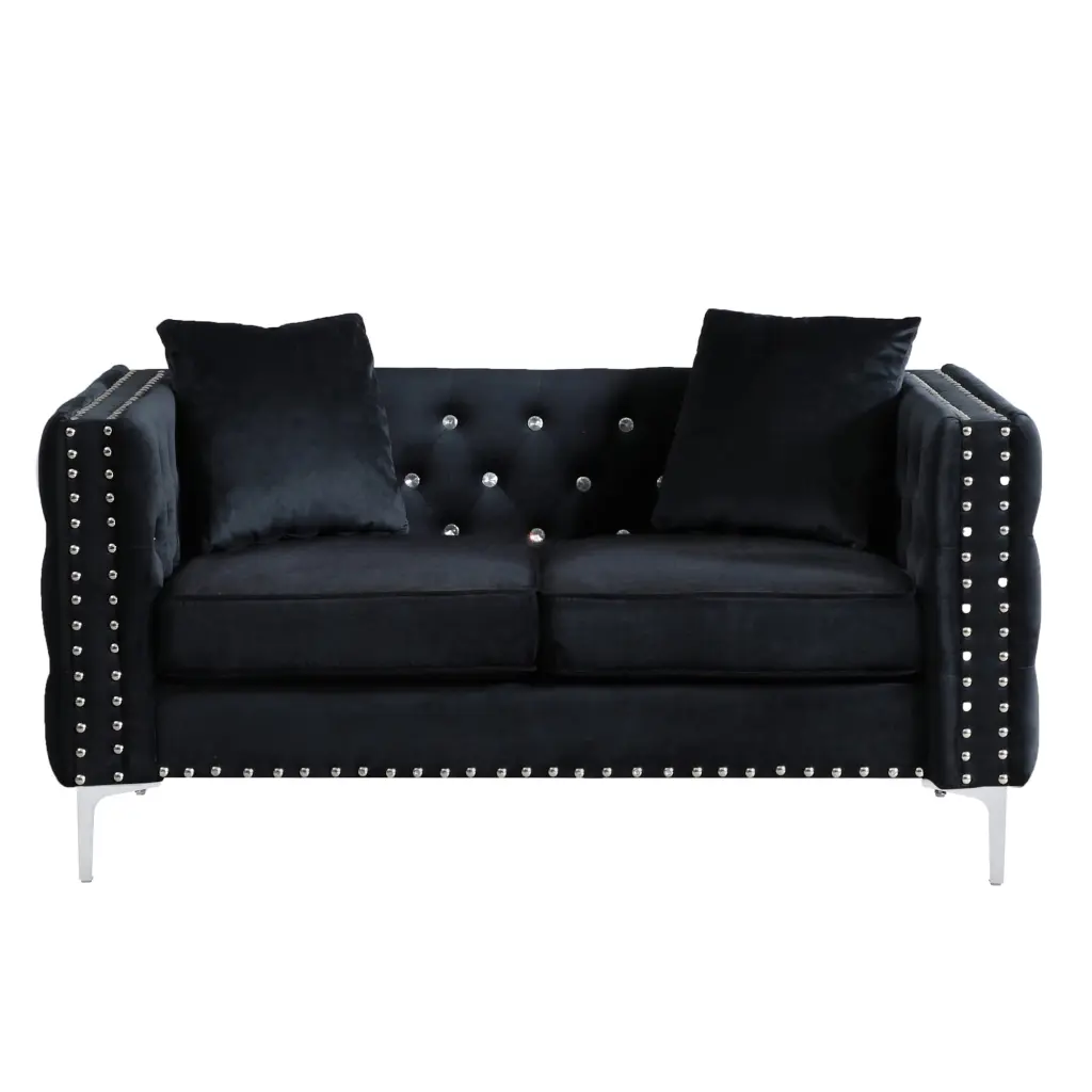 59.4 Black Velvet Sofa Jeweled Buttons and Square Arms - Includes 2 Pillows Miekor