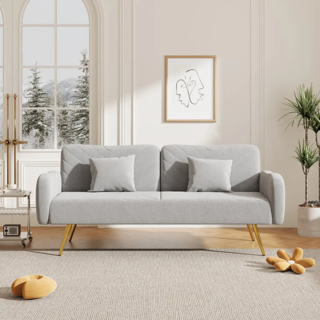 70.47 Gray Fabric Double Sofa Split Backrest Two Throw Pillows Three Adjustable Backrest Levels Ponnky
