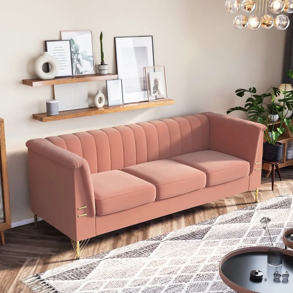 Modern Design Velvet Upholstered 3 Seater Sofa Couch Golden Metal Legs Living Room Bedroom Apartment Office Pink ARCTICSCO...