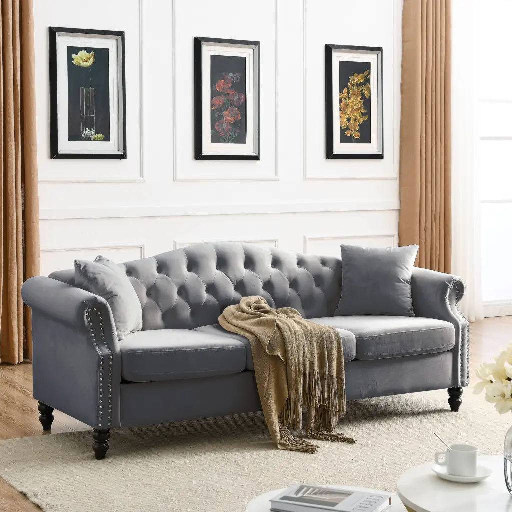 79 Sofa Grey Velvet 3-Seater Tufted Couch Rolled Arms Nailhead Accents Living Room Bedroom Office Apartment Includes 2 Pil...