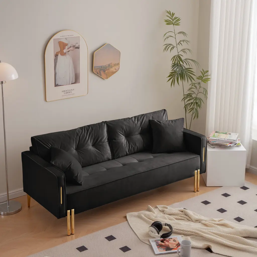 70 Velvet Sofa Couch Luxury Modern Upholstered 3-Seater Sofa 2 Pillows Living Room Apartment CNCJ