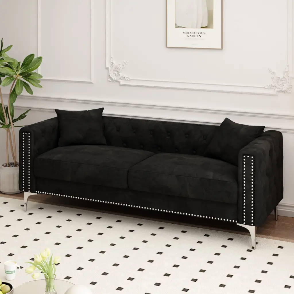 CoSoTower 83 Black Velvet Triple Sofa 2 Pillows - Suitable Any Space