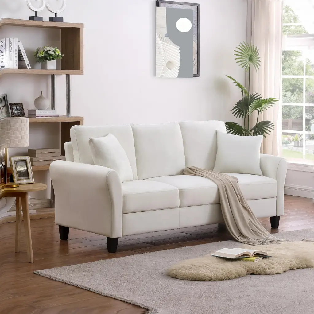 Contemporary 78 White Velvet 3-Seater Sofa Plastic Legs and 2 Pillows HATNOKIL