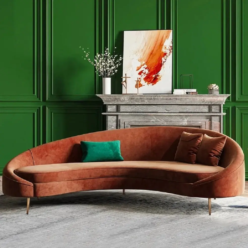 Homary Modern 83 Bronze Velvet Curved Sofa 3-Seater Toss Pillows