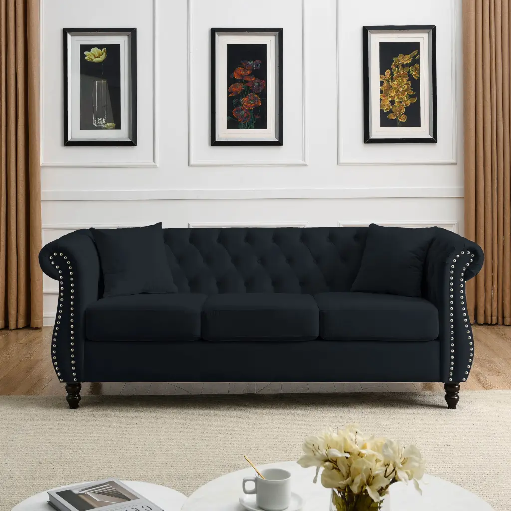 80 Black Velvet 3 Seater Sofa Tufted Design and Rolled Arms - Includes Pillows Jamini