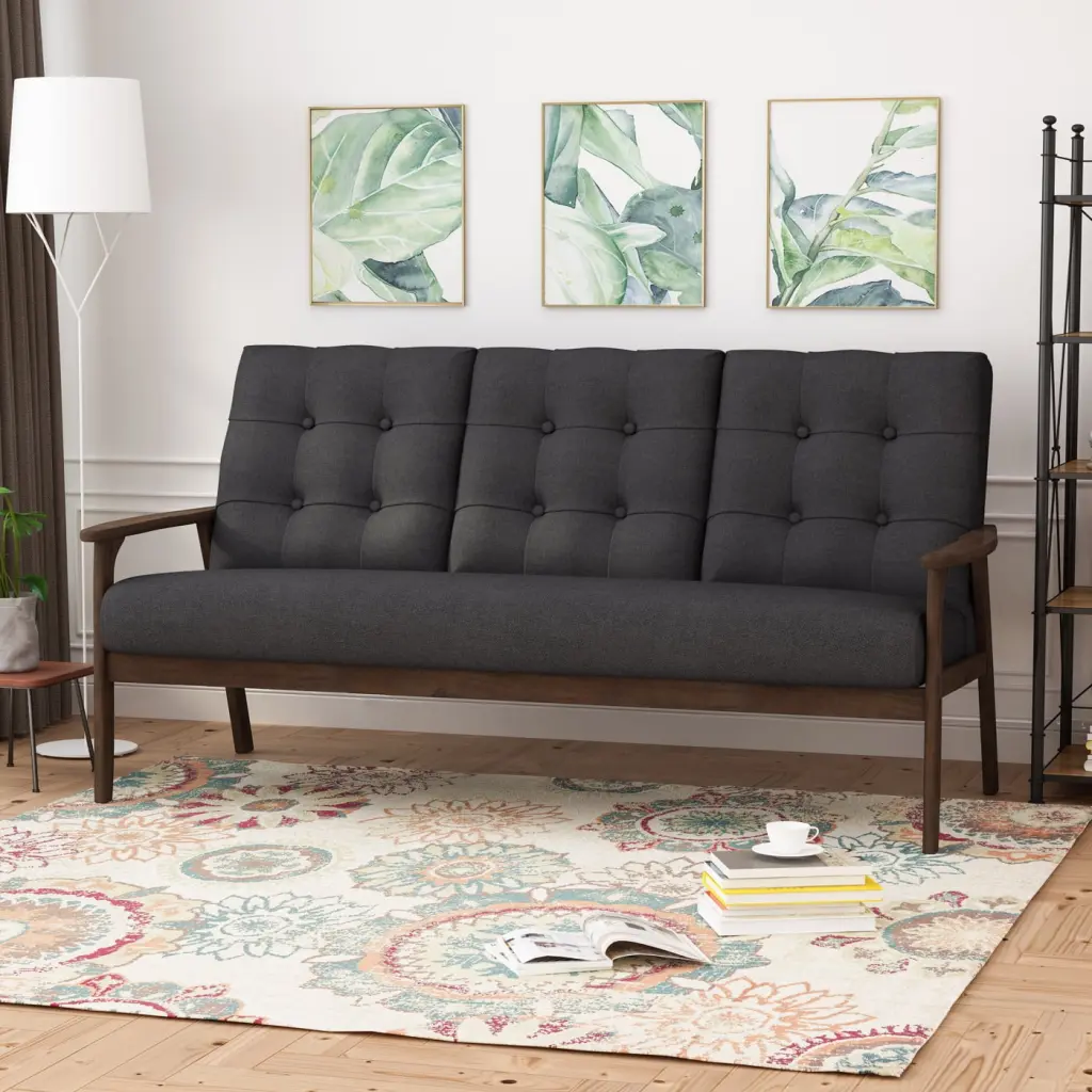 Stylish Three-Seater Sofa Charcoal Grey Button Tufting and Waffle Stitching LMing