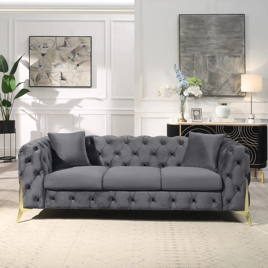 Grey Elegant Velvet Living Room 3-Seater Sofa Upholstered Sofa 00167 Miekor