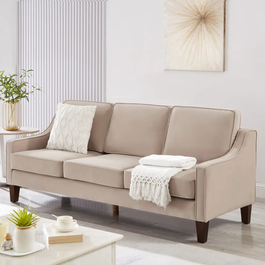 Modern 3 Piece Seat Sofa Scooped Armrest Wood Legs Upholstered Velvet Removable Cushions Taupe Mrisata