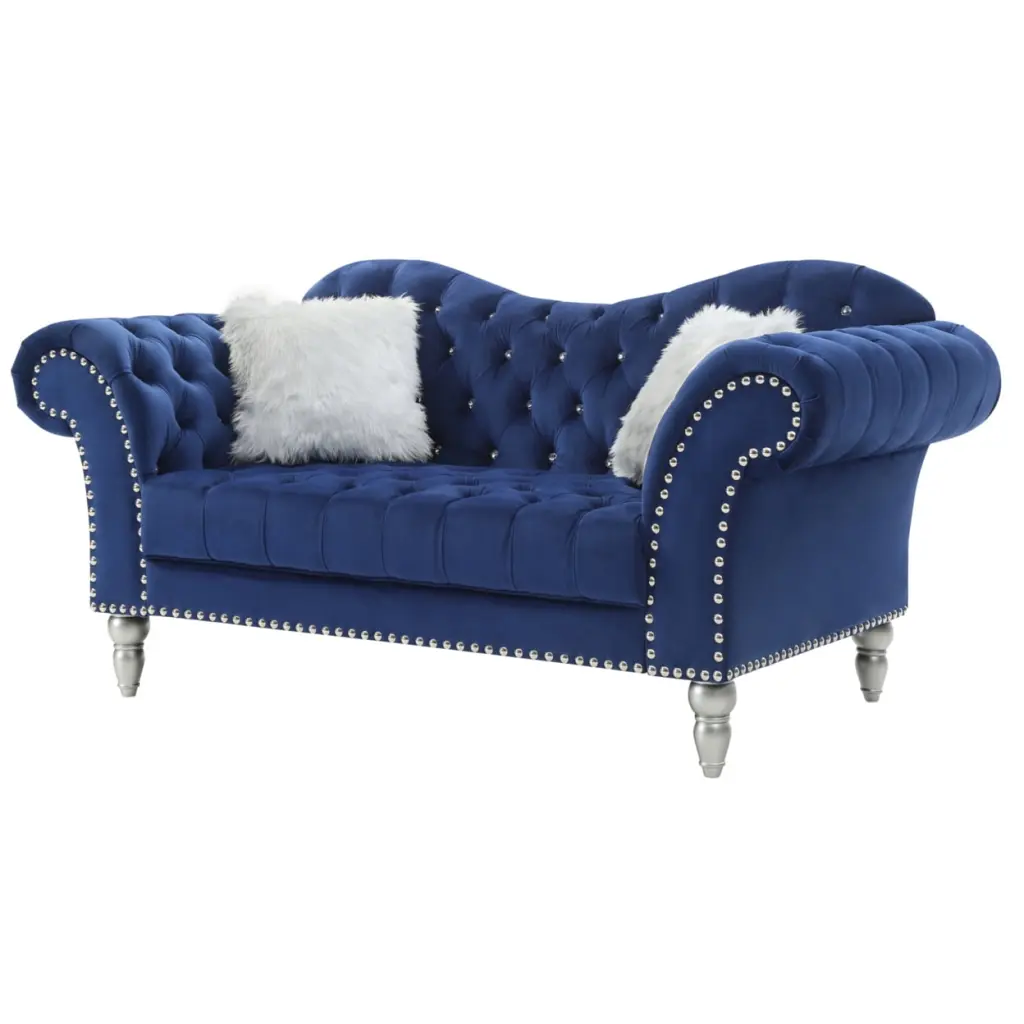 Passion Furniture Wilshire 75 Inch Blue Velvet 3-Seater Sofa 2 Throw Pillows