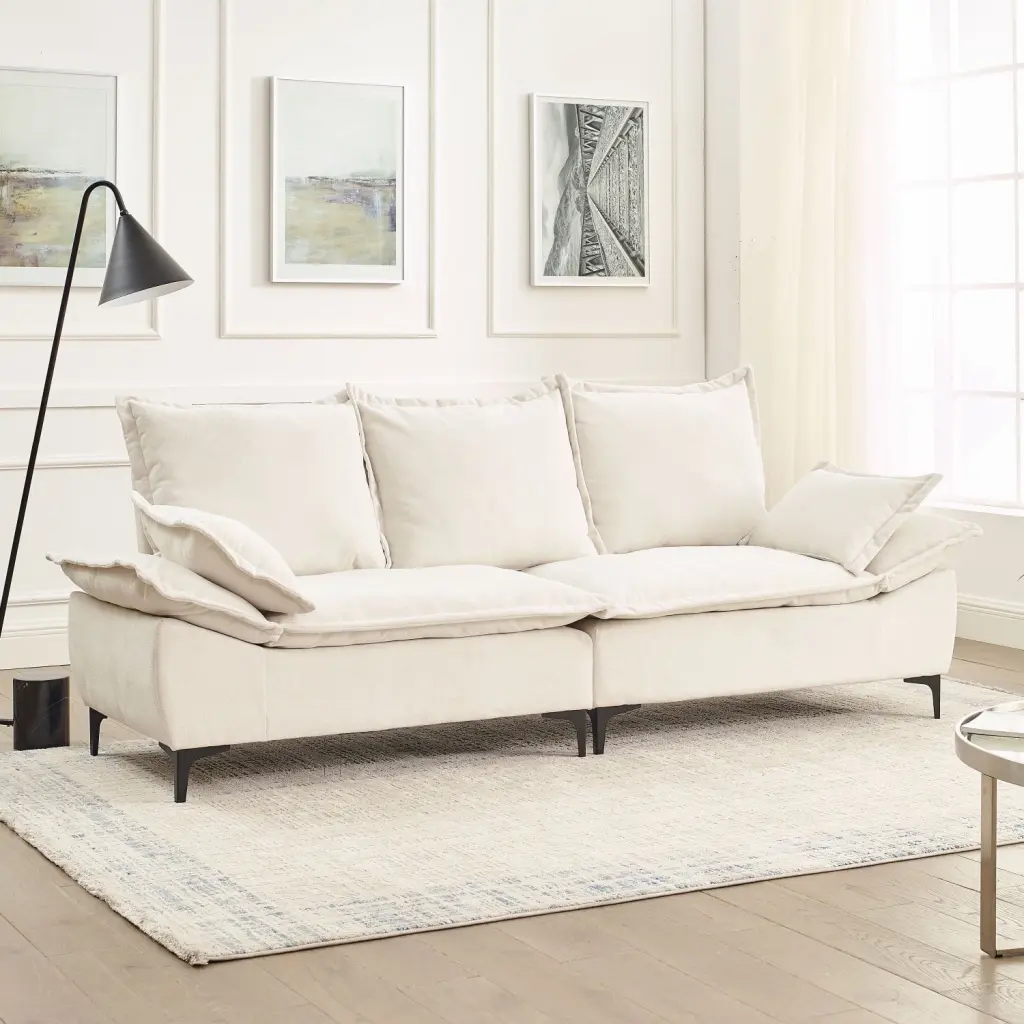 Modern Sailboat Sofa Dutch Velvet 3-Seater Pillows Beige Ponnky