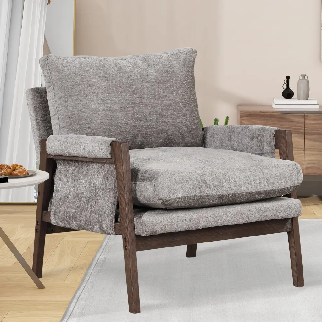 Mid-Century Modern Gray Velvet Accent Chair Solid Wood Legs Thick Seat Cushion ARCTICSCORPION