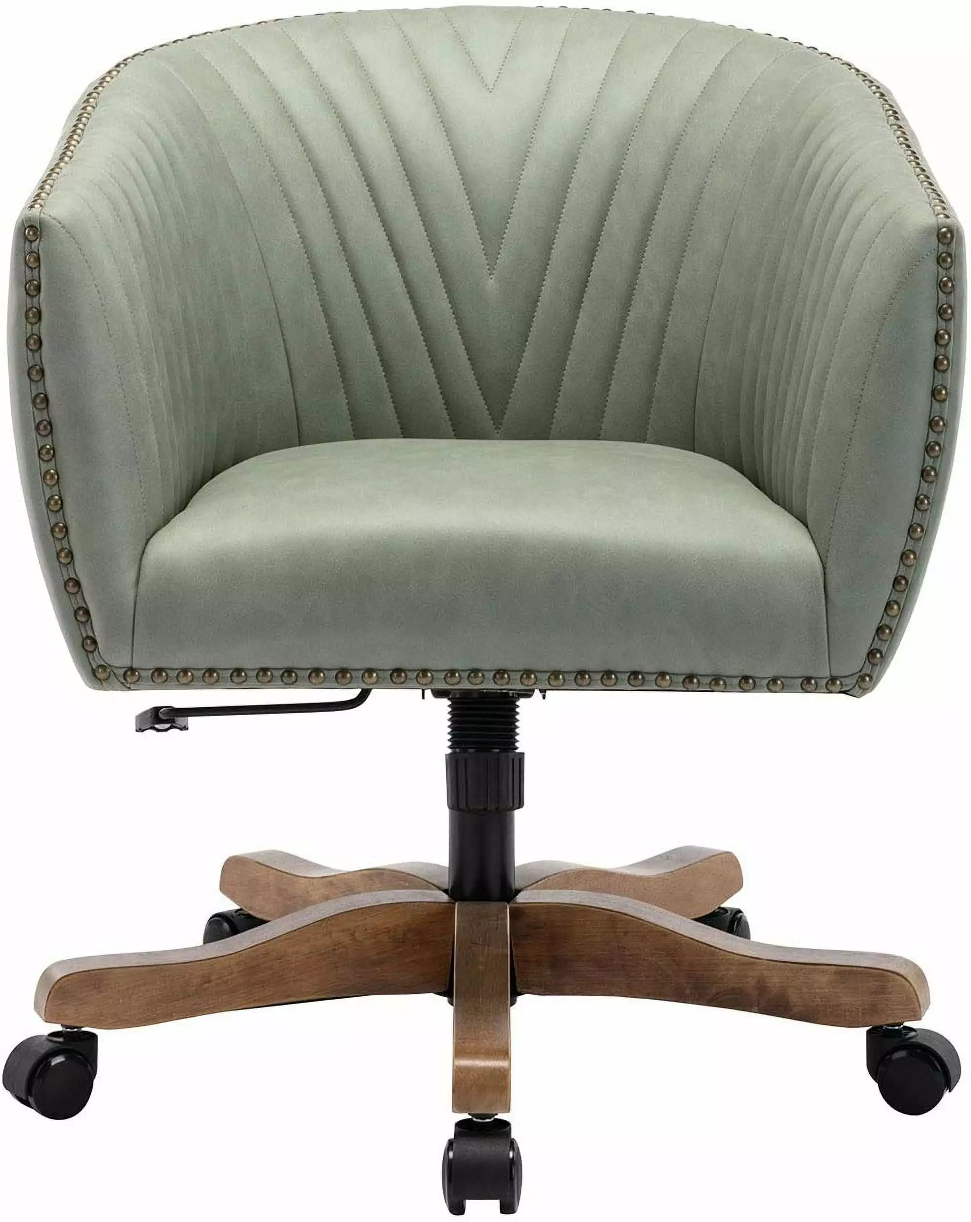 FJU Barrel Home Office Desk Chair Wood Base Upholstered Ergonomic Accent Arm Chair Green Faux Leather