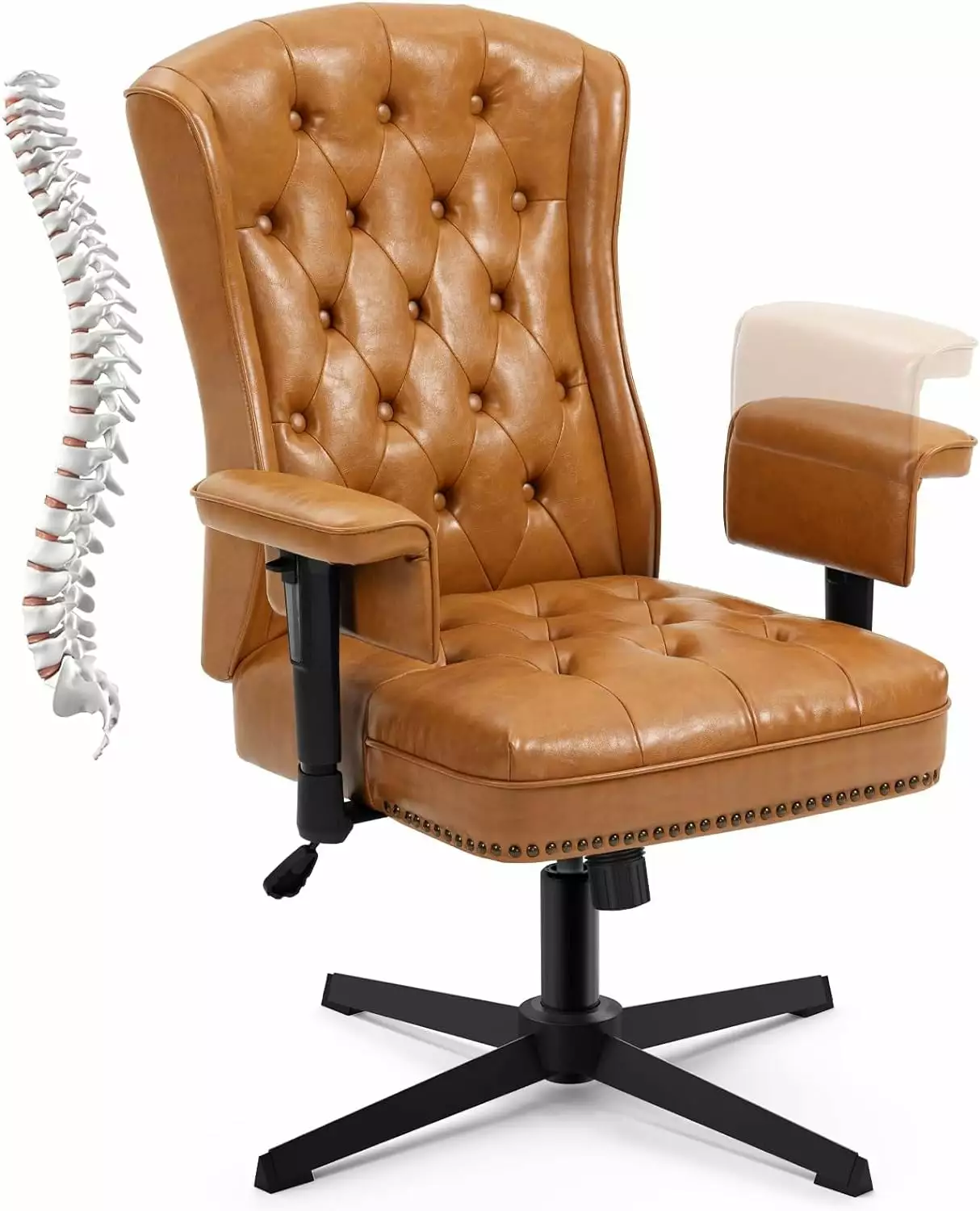 FJU Mid Century Modern Swivel Accent Chair - PU Leather High Back Ergonomic Office Chair Camel