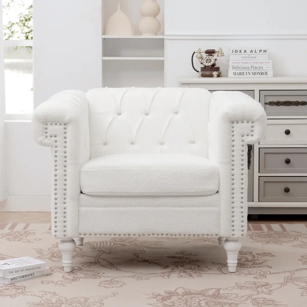 White Teddy Velvet Fabric 1 Seater Sofa Living Room Quilting Process Treatment Birch Legs 38.98W x 32.68D x 29.53H HATNOKIL