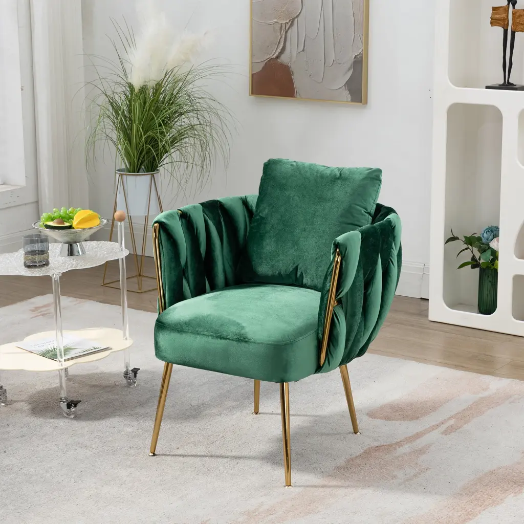 27.4 Wide Modern Velvet Accent Chair Gold Metal Leg and Throw Pillow Living Room Bedroom Office Green Velvet JUSTSHIK