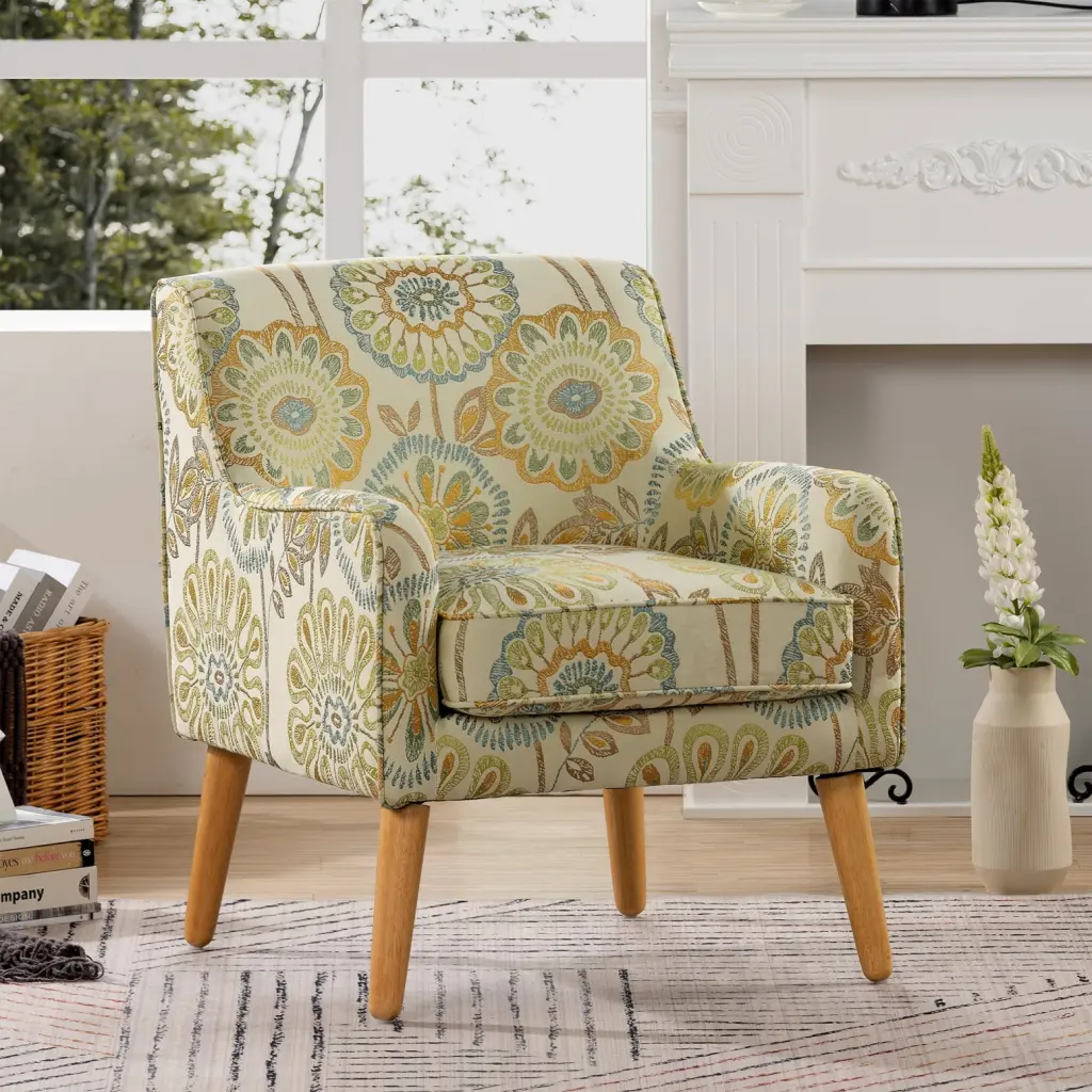 Beige Yellow Accent Chair Living Room Exquisite Printed Fabric Comfortable Polyester Seat Ponnky