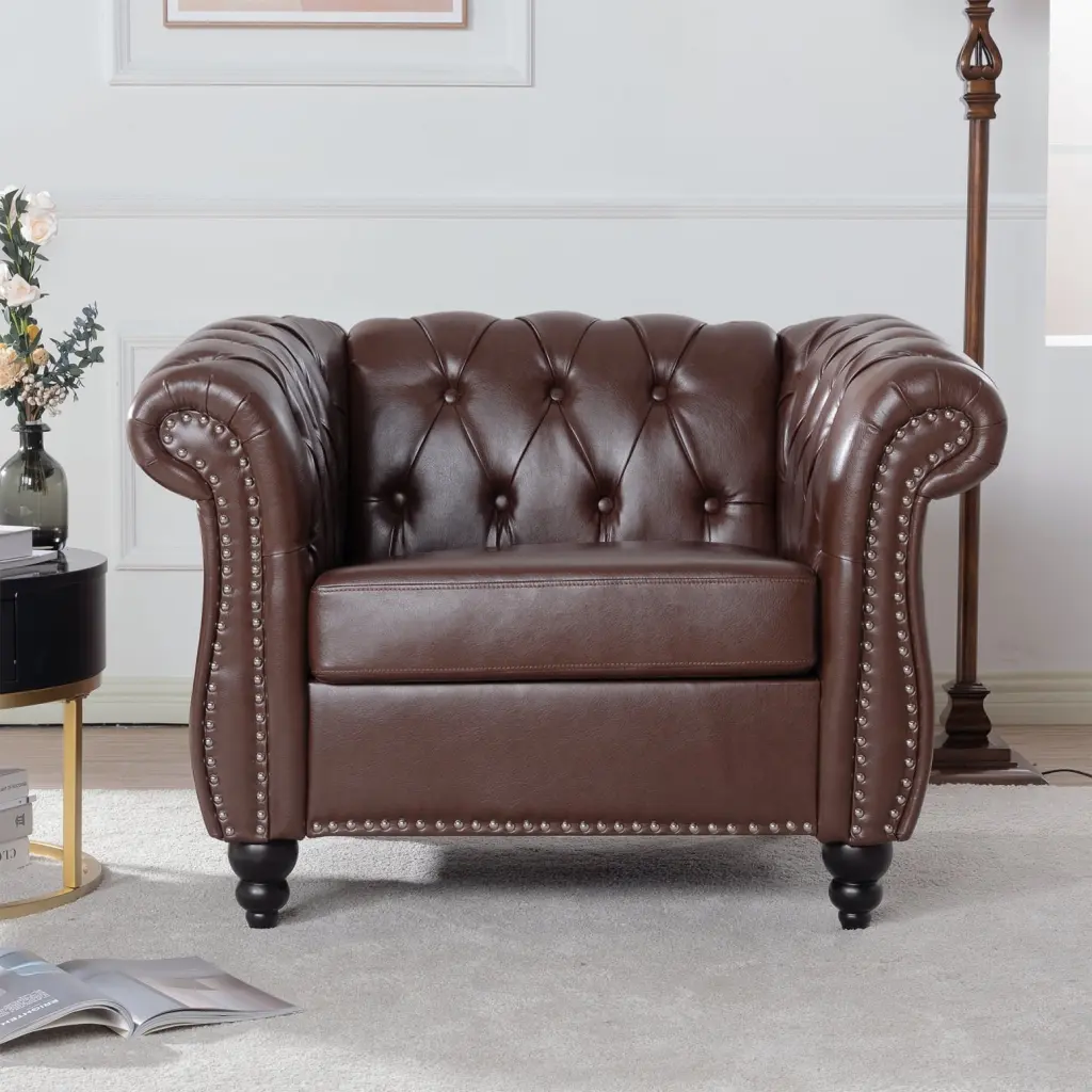 Dark Brown 1 Seater Sofa Living Room Luxurious PU Leather Pleated Rolled Arms Silver Studs Trim Solid Wood Legs Ponnky