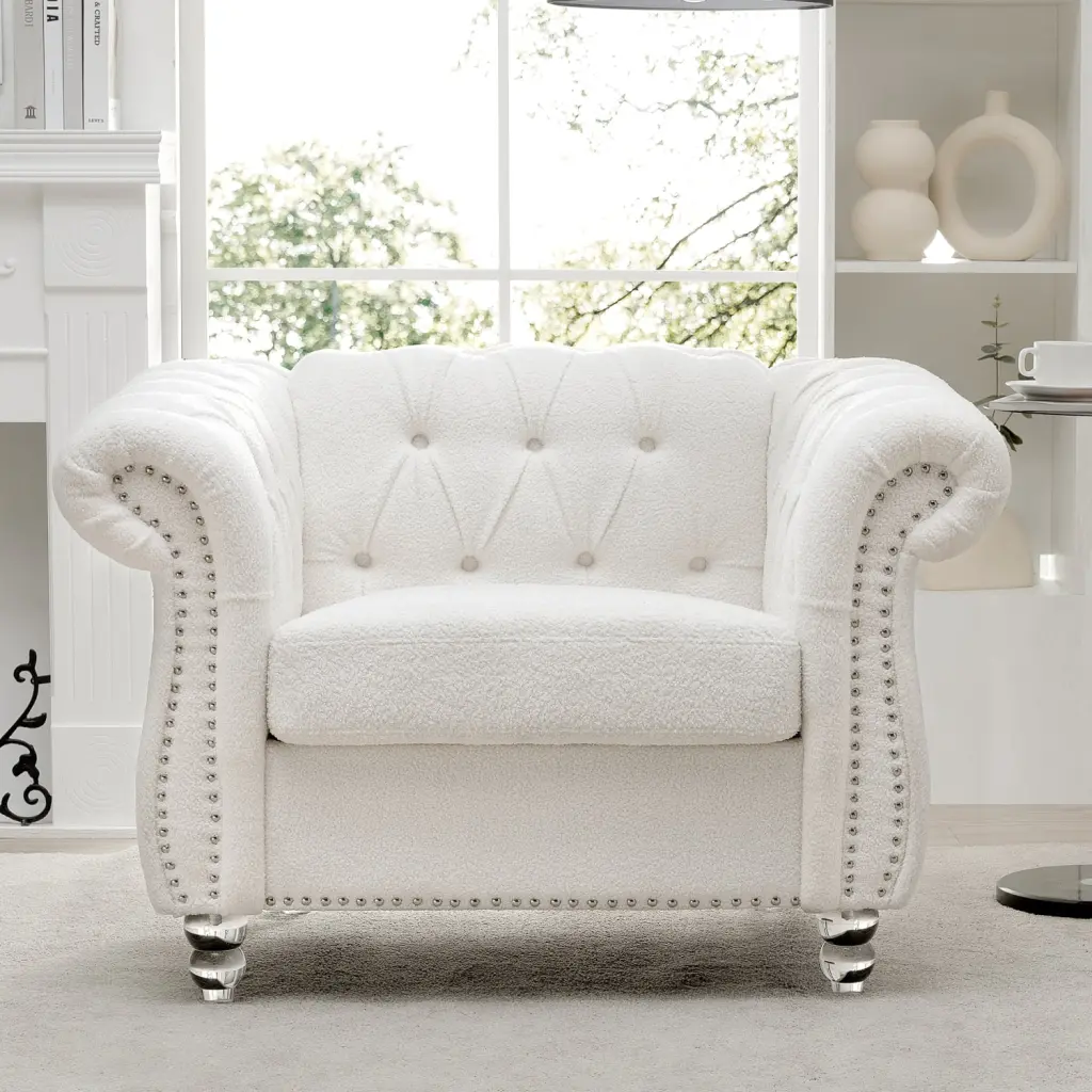Elegant White 1-Seater Sofa Polyester Fabric and High-Density Cotton Filling Living Room Ponnky