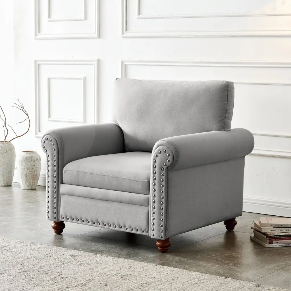 Grey Fabric Single Seat Sofa Chair Living Room Wooden Legs Ponnky