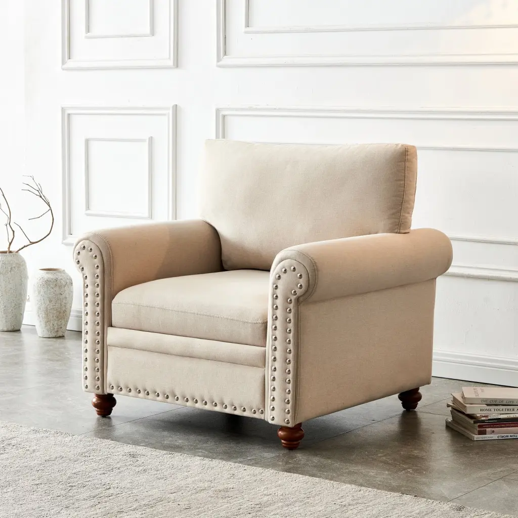 Living Room Sofa Single Seat Chair Wood Leg Beige Fabric Ponnky