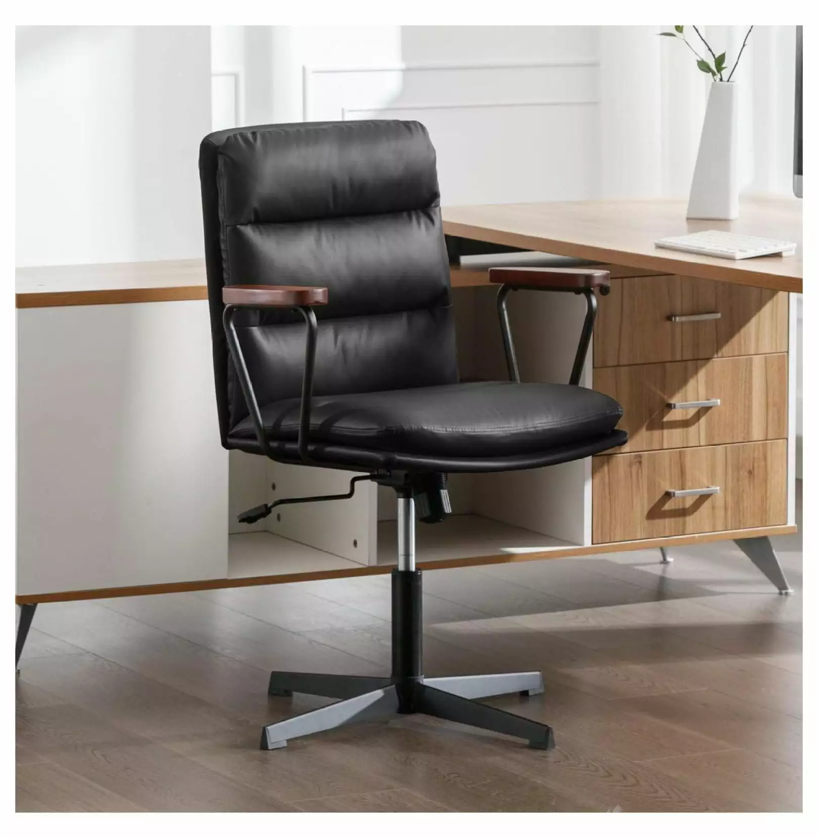 PU Padded Criss Cross Office Chair Wooden Armrests - No Wheels, Adjustable Back YgIRTID