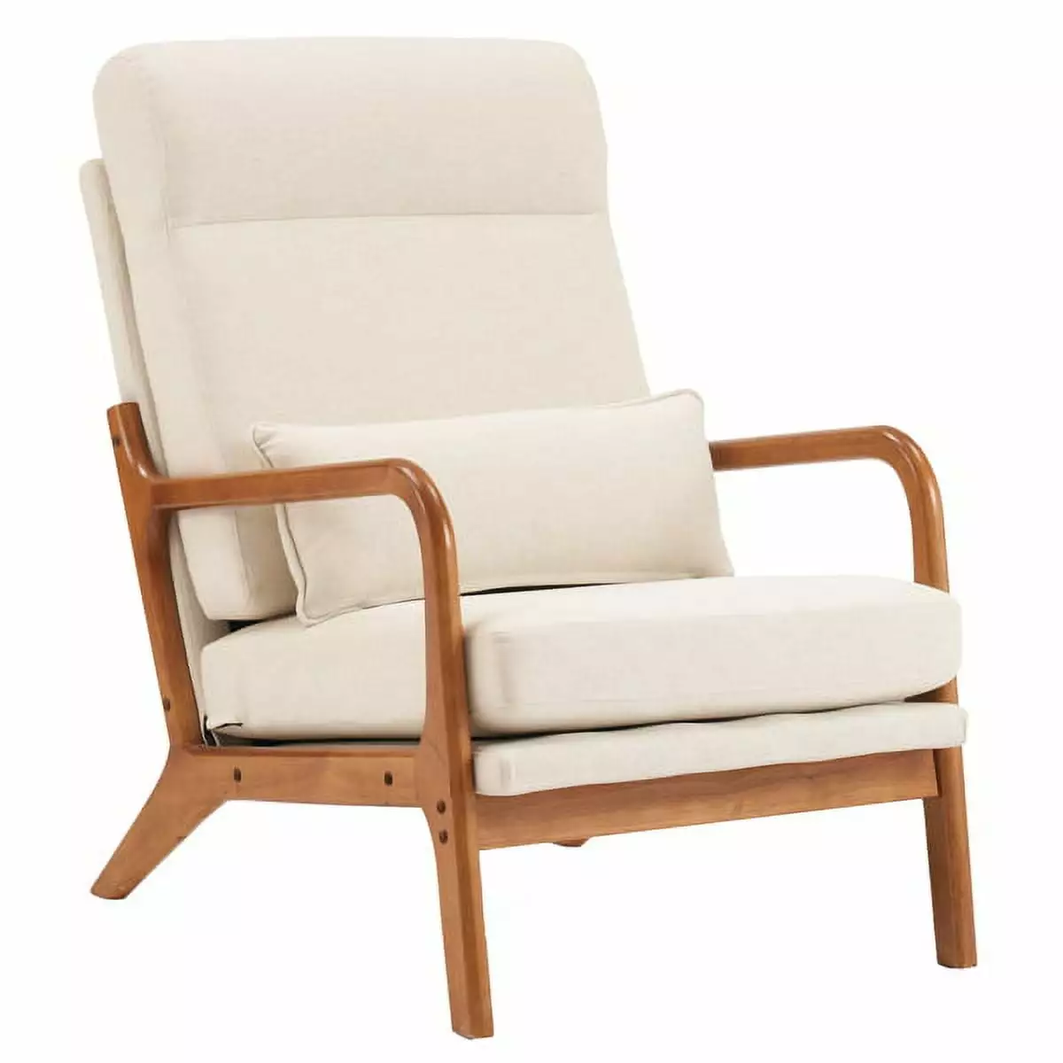 High Back Solid Wood Armrest Leisure Chair Iron Frame Linen Upholstery Off-White YTTX