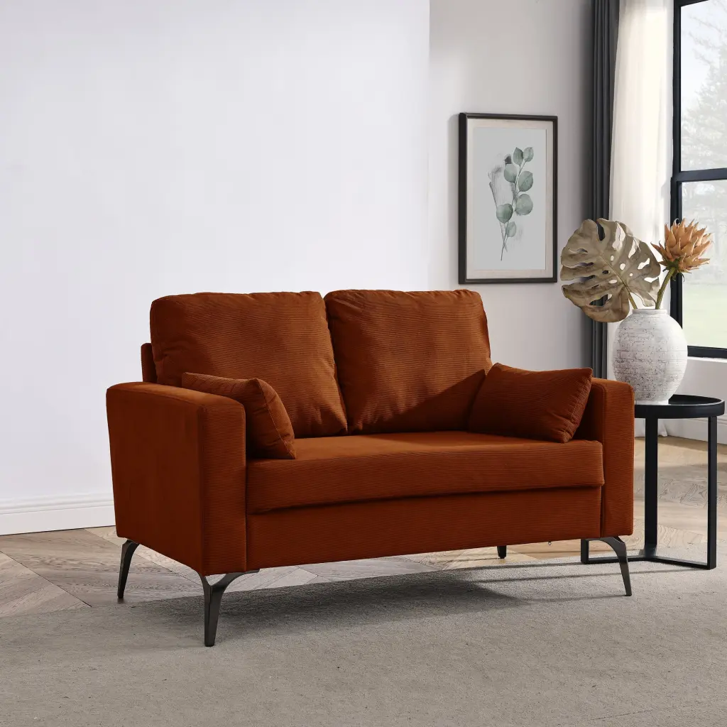 DeeHome Loveseat Living Room Sofa Square Arms and Tight Back Two Small Pillows Corduroy Orange