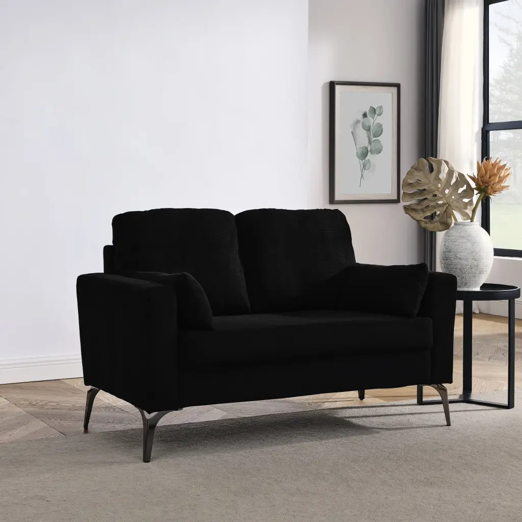 DeeHome Loveseat Living Room Sofa Square Arms and Tight Back Two Small Pillows Corduroy Black