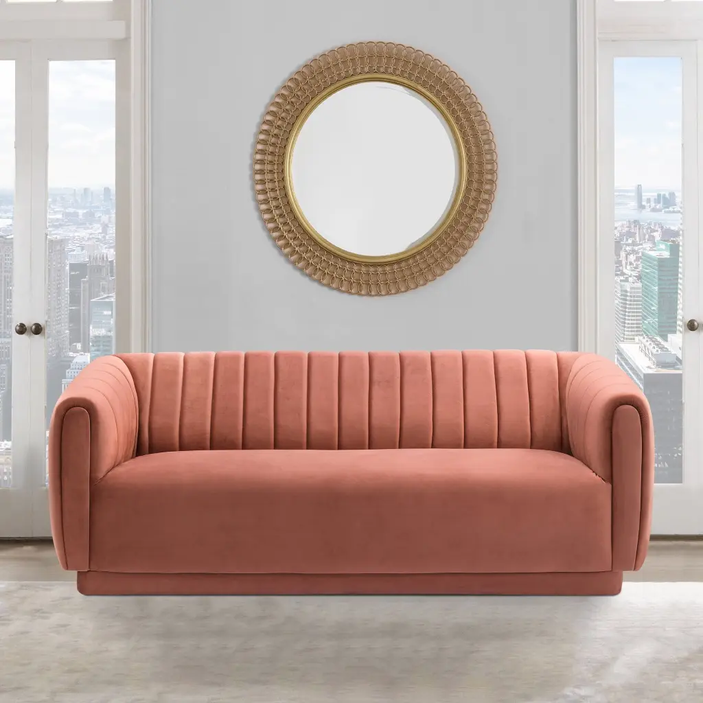 Kinsley Blush Pink Velvet Sofa Rounded Arms and Channel Upholstery Armen Living