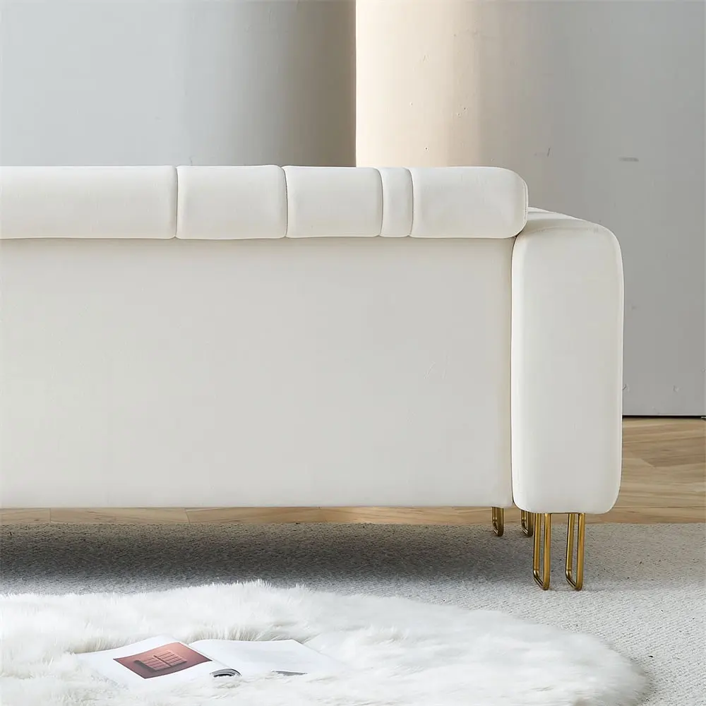 85.04 Inch Accent Couch Golden Metal Legs Velvet Upholstered Sofa Living Room Beige THOWDEE