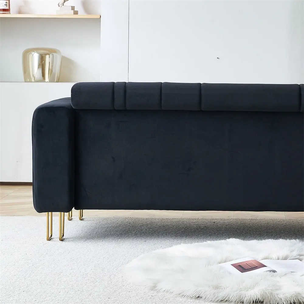 85.04 Inch 3 Seater Leisure Sofa Cushioned Seat Velvet Upholstered Sofa Square Armrest and Golden Metal Legs THOWDEE