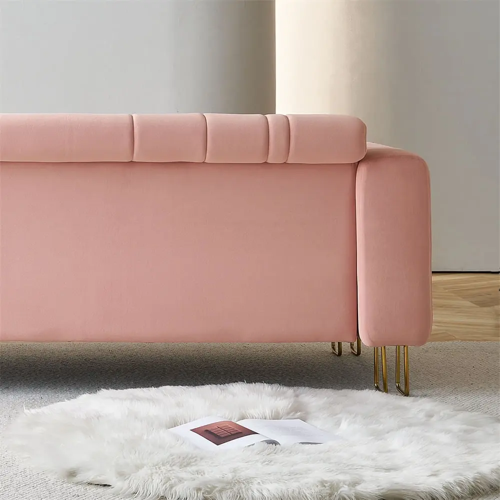 85.04 Inch Velvet Upholstered Sofa Square Armrest 3 Seater Leisure Sofa Golden Metal Legs Pink THOWDEE