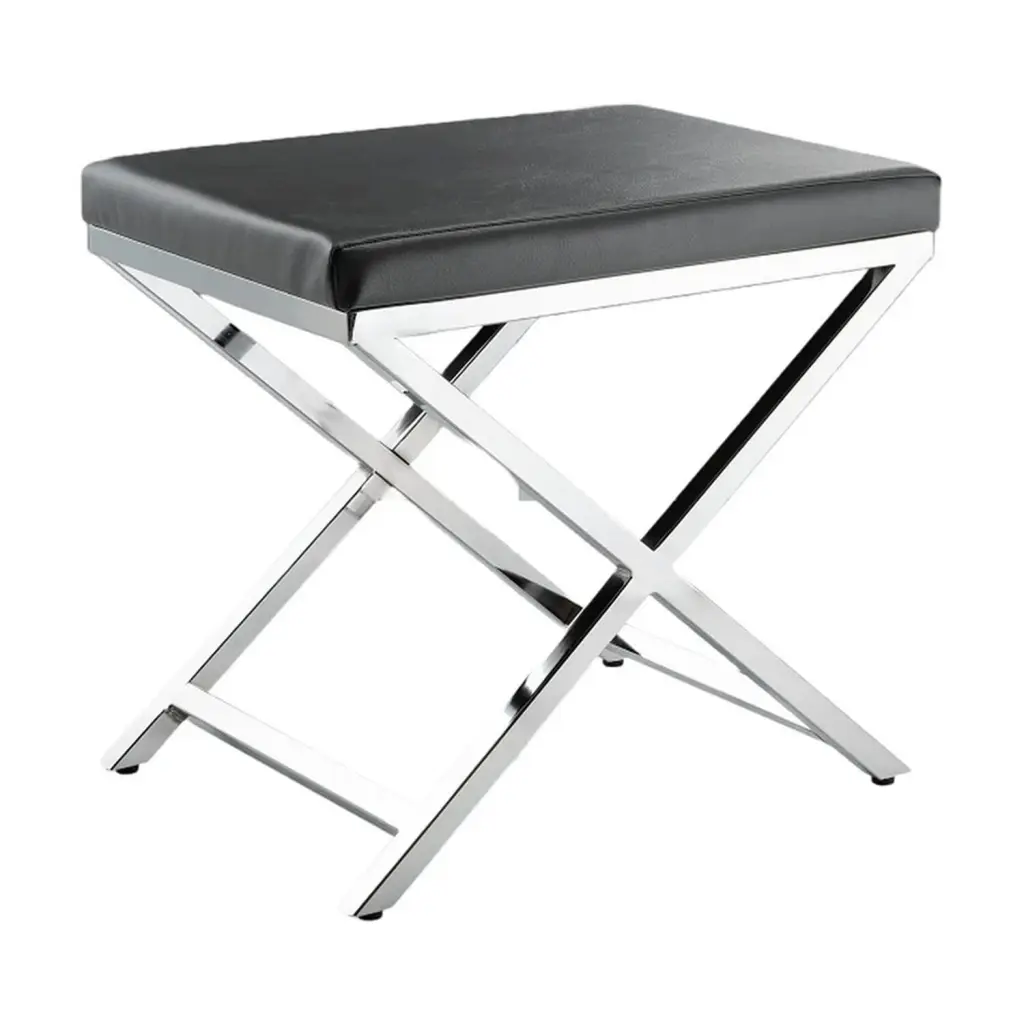 Benjara Myra 21 Inch Gray Faux Leather Accent Stool Chrome Legs