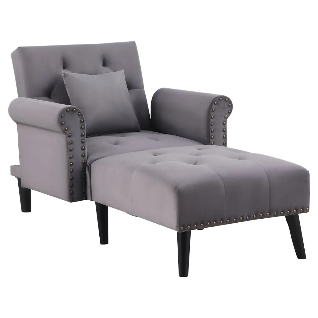 2 1 Chaise Lounge Indoor Rolled Armrest Nailhead Trim and Button Tufting Adjustable Velvet Fabric Upholstered Sofa Grey CNCJ