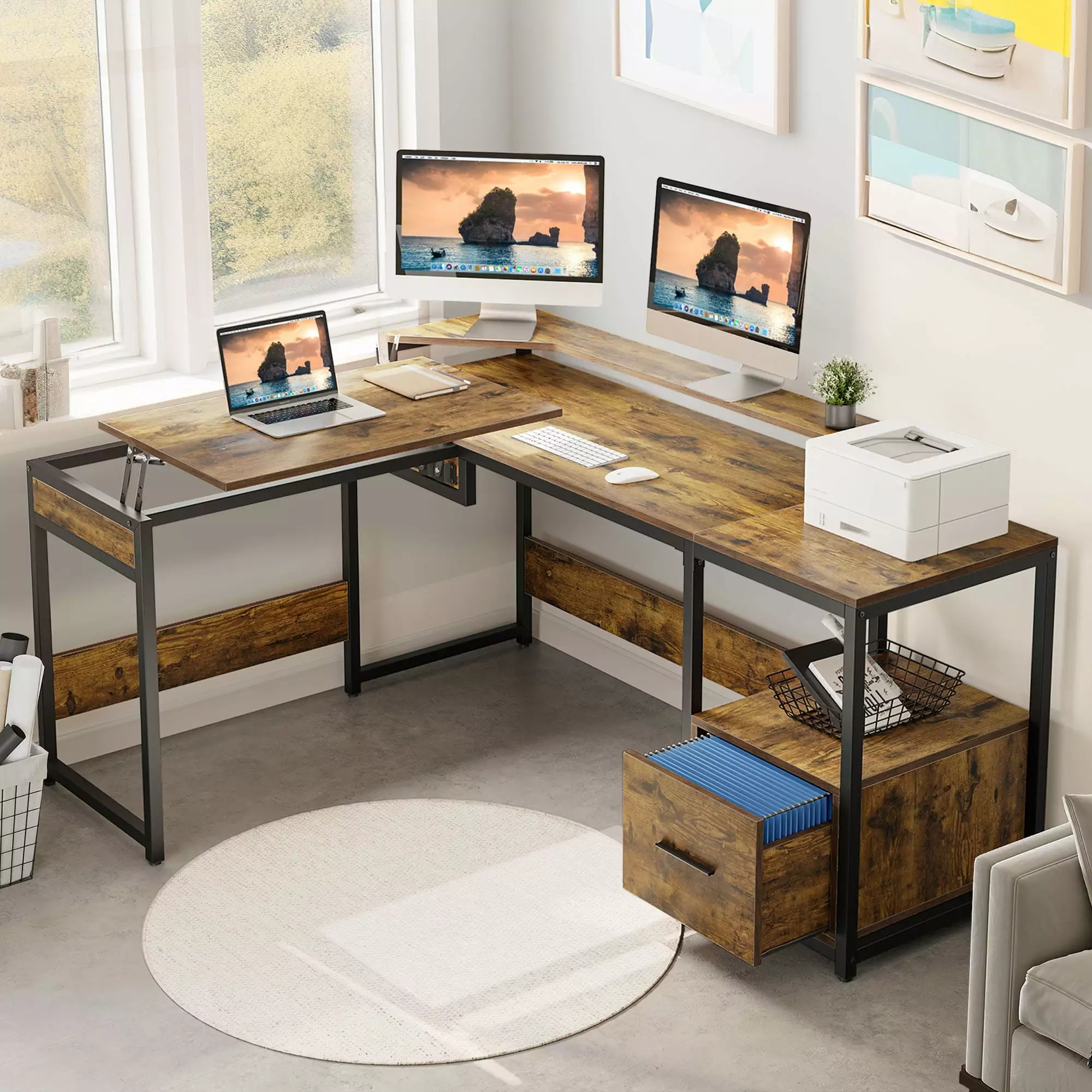 Dextrus L Shaped Corner Computer Desk File Drawer and Height Adjustable Monitor Stand