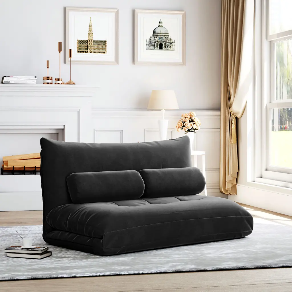 Lazy Sofa Adjustable Folding Futon Sofa Video Gaming Sofa Two Pillows Black Miekor