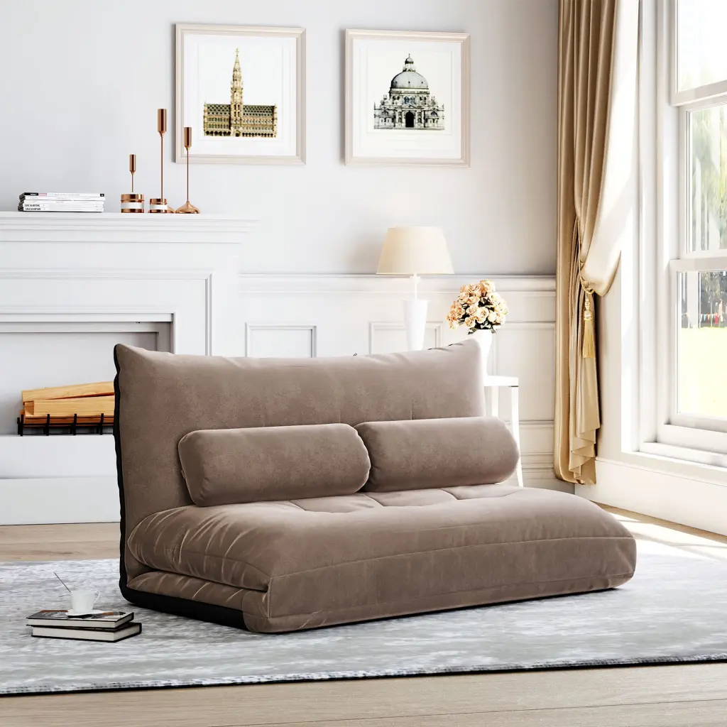 Lazy Sofa Adjustable Folding Futon Sofa Video Gaming Sofa Two Pillows Light Brown Miekor