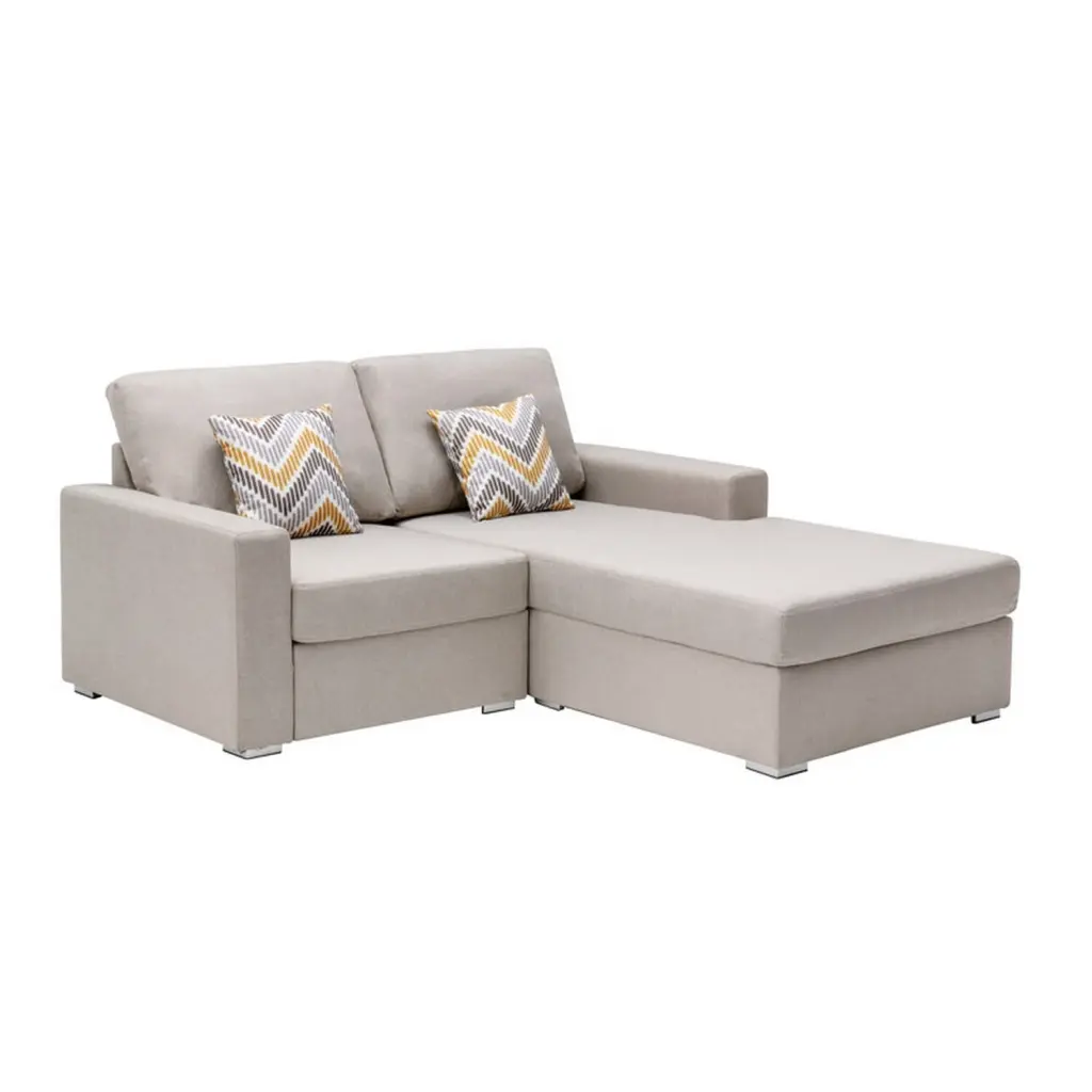 BenJara Meg 67 Inch Adjustable Loveseat Sofa Throw Pillows and Chaise Beige