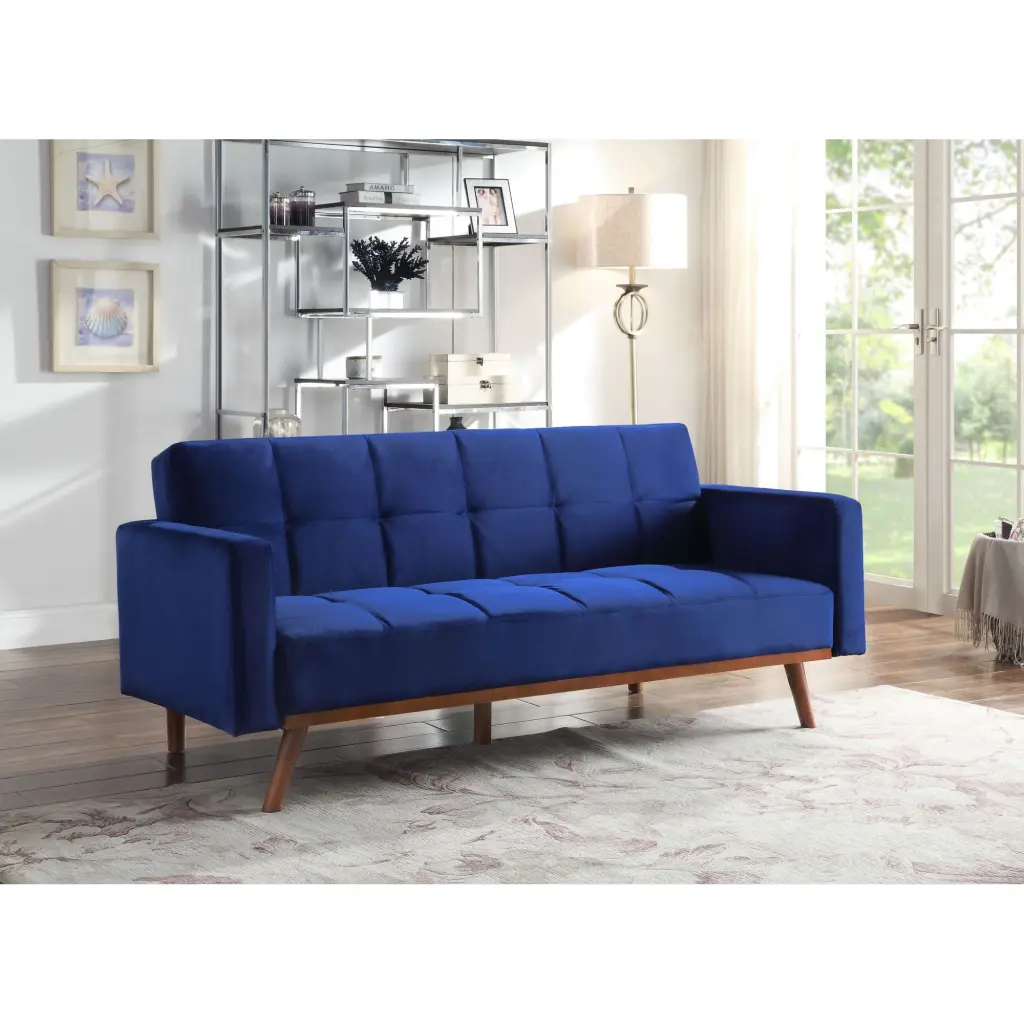 Miekor Furniture Tanitha Adjustable Sofa Blue Velvet Natural Finish Living Room