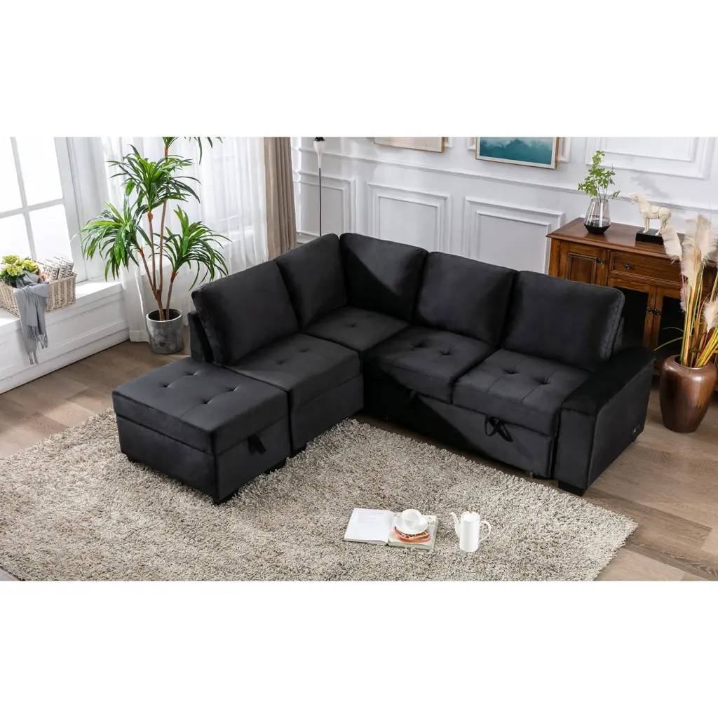 Canddidliike Modern Velvet Sectional Sofa Ottoman Right Side Chaise Dark Gray Compact Living Room Couch