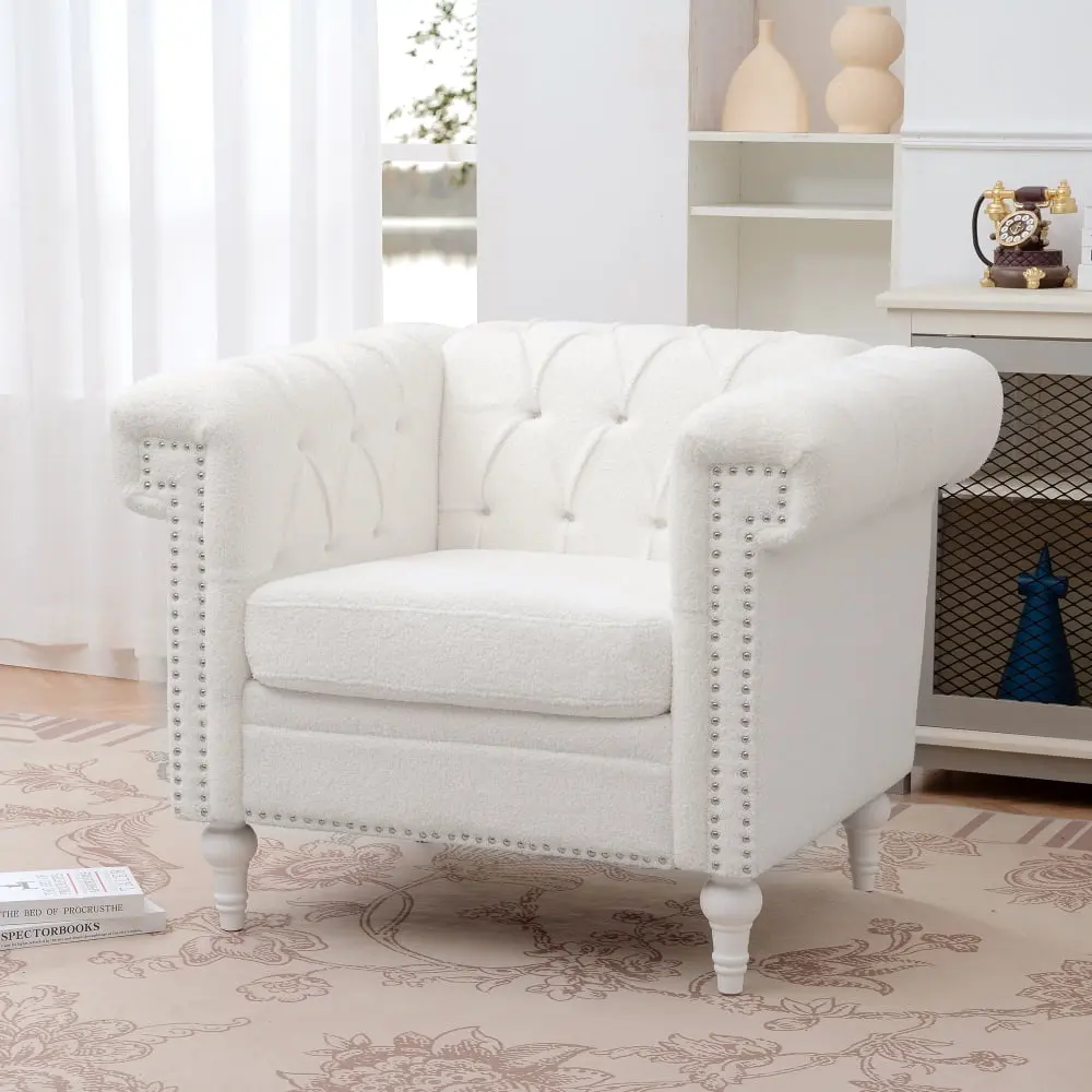 Traditional Wood Arm Chair Velvet Fabric Seater and Rivet Finish Armrest Kojooin