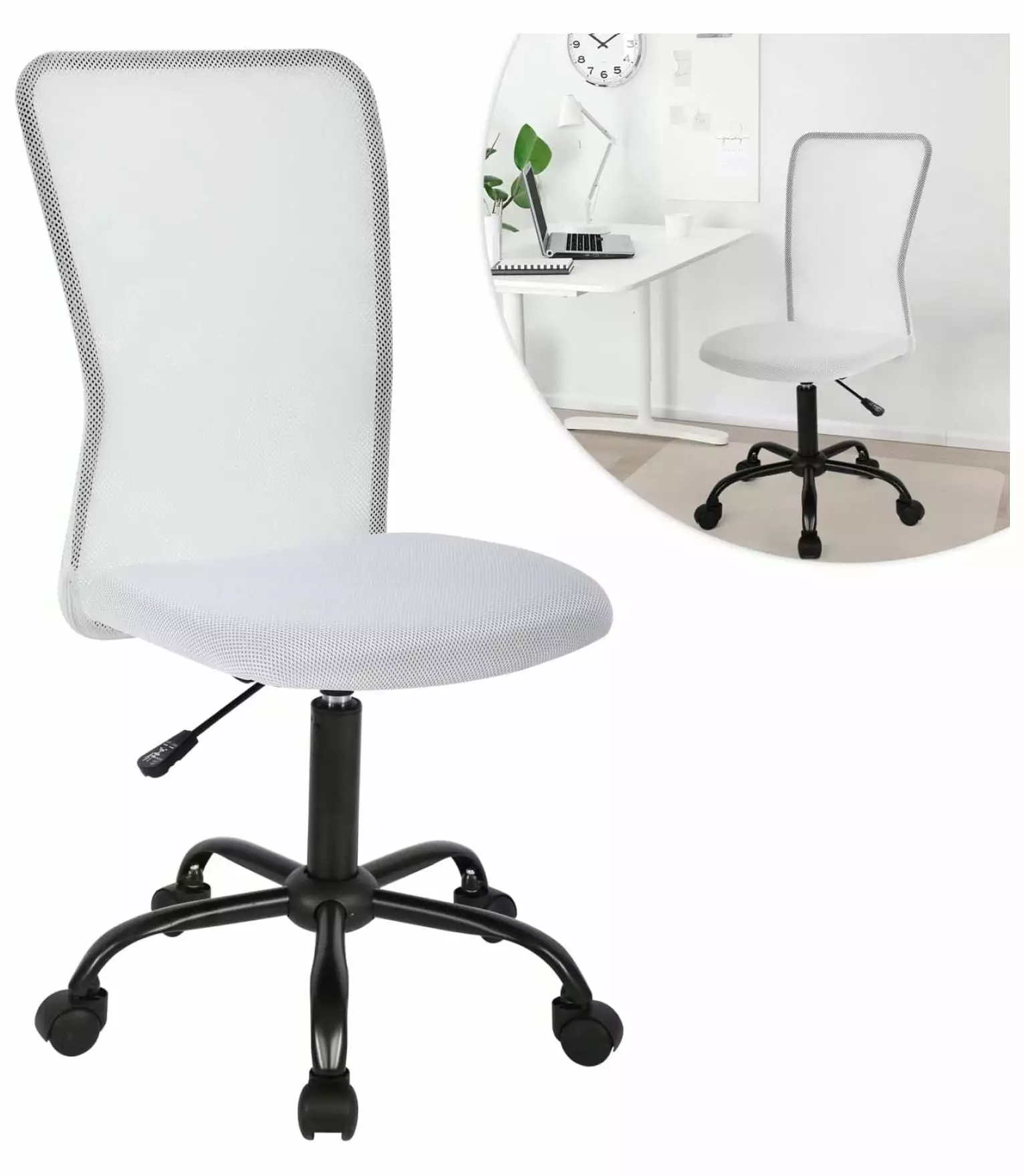 RPQZ White Armless Ergonomic Mesh Office Chair Adjustable Height and Lumbar Support