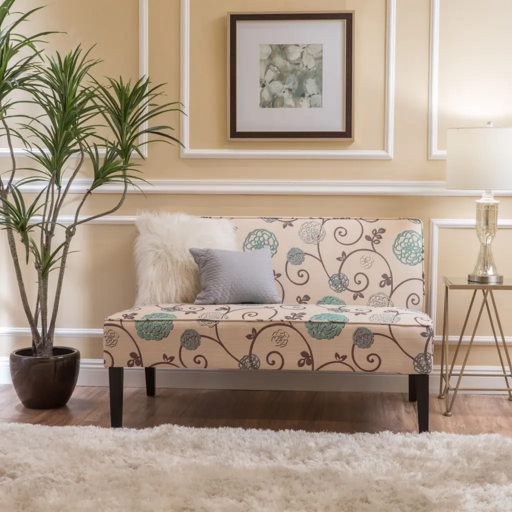 Noble House Darnell White and Blue Floral Fabric Armless Love Seat Small Spaces