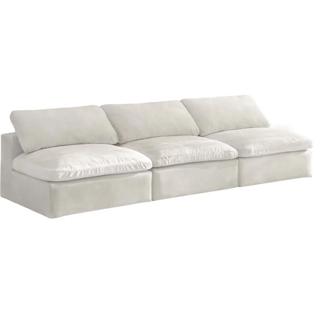 Meridian Furniture Cozy Cream Velvet Modular 3 Piece Armless Sofa Stylish Living Room
