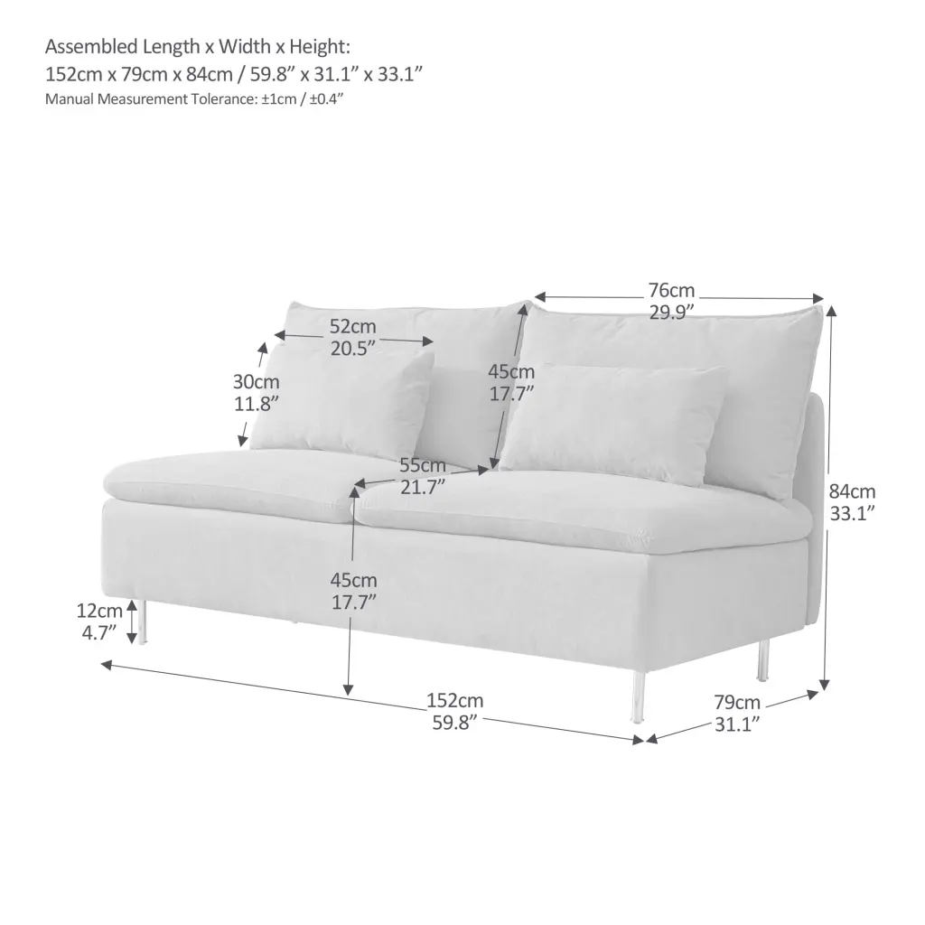 Armless Loveseat Couch Emerald Cotton Linen Modern Design 59.8 Inch Pevor