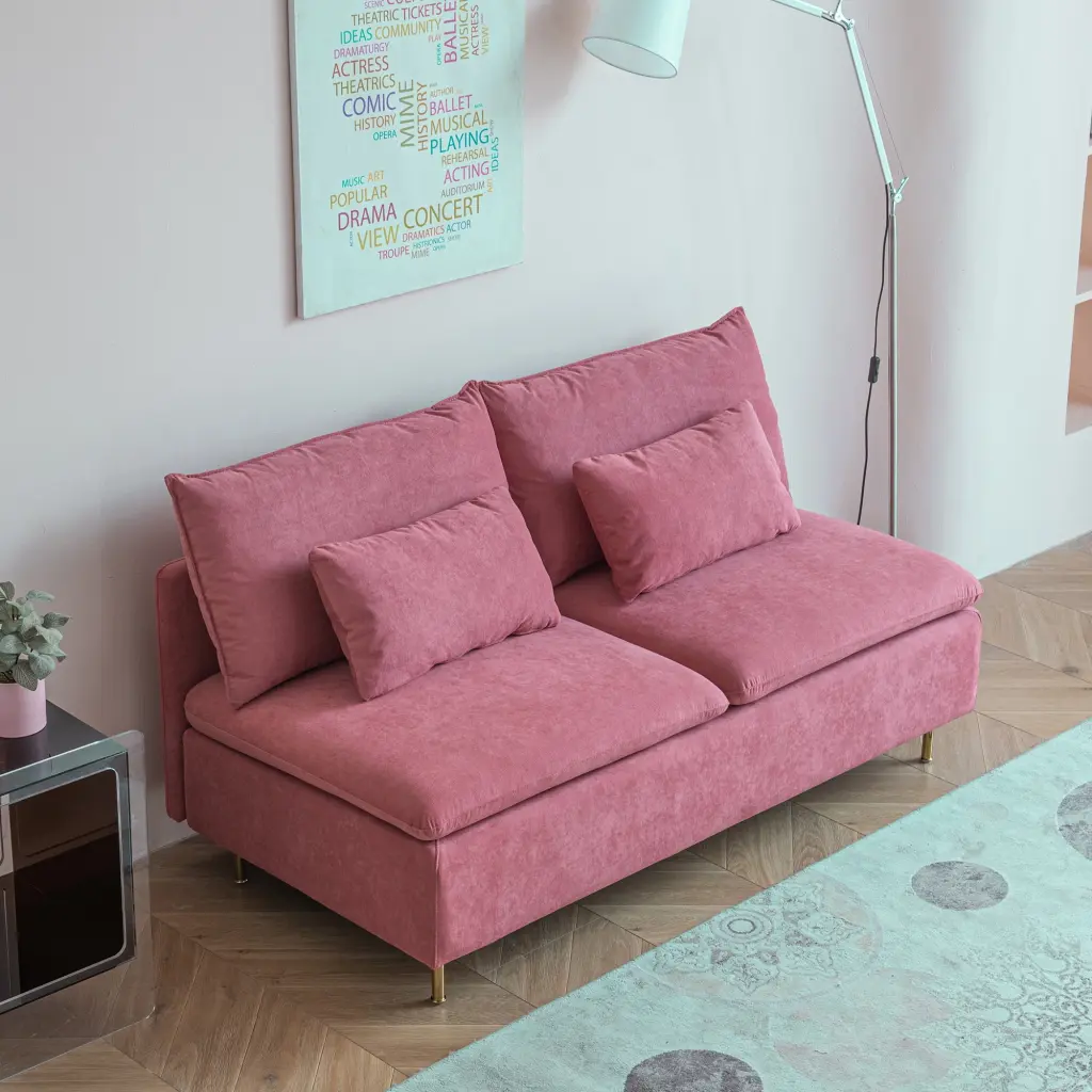 Modern Armless Loveseat Couch Pink Cotton Linen - 59.8 Inch Armless Settee Bench Small Spaces Wobythan