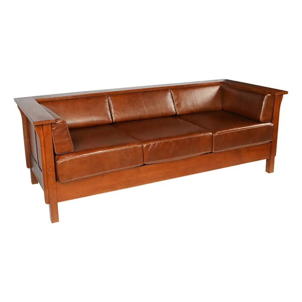Crafters and Weavers Arts and Crafts Leather Side Sofa Chestnut Brown - Handcrafted Living Room Sofa