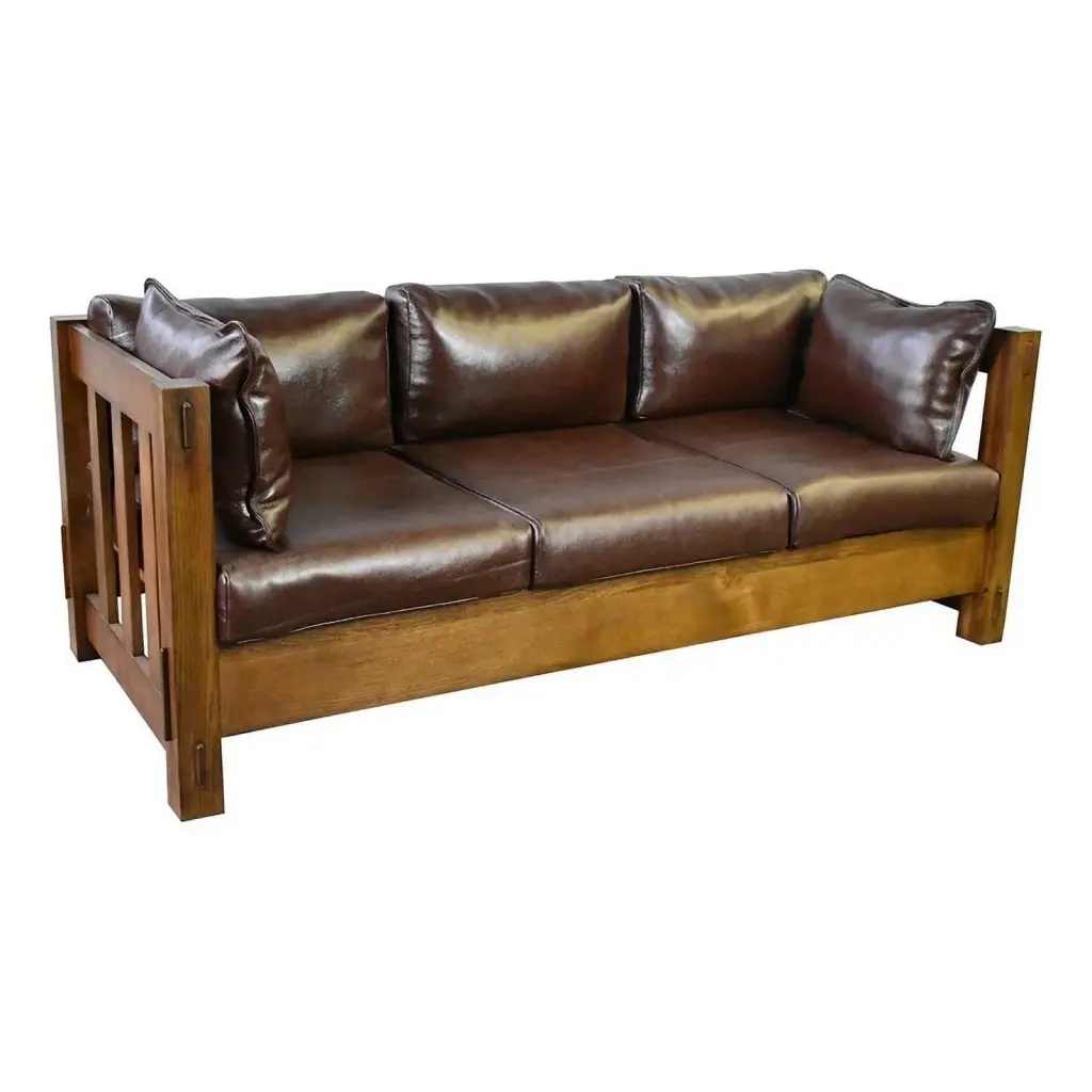 Crafters and Weavers Arts and Crafts Slat Leather Sofa Walnut - Handcrafted Luxury